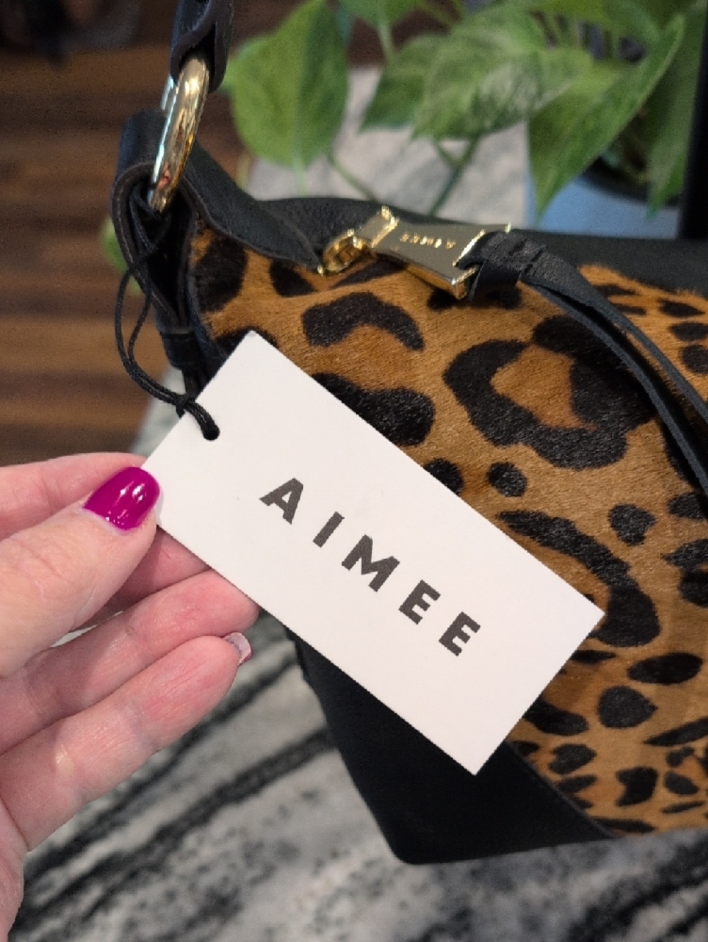 Aimee Riley Leopard Calf Hair And Black Leather Hobo Shoulder Bag - Picture 2 of 7